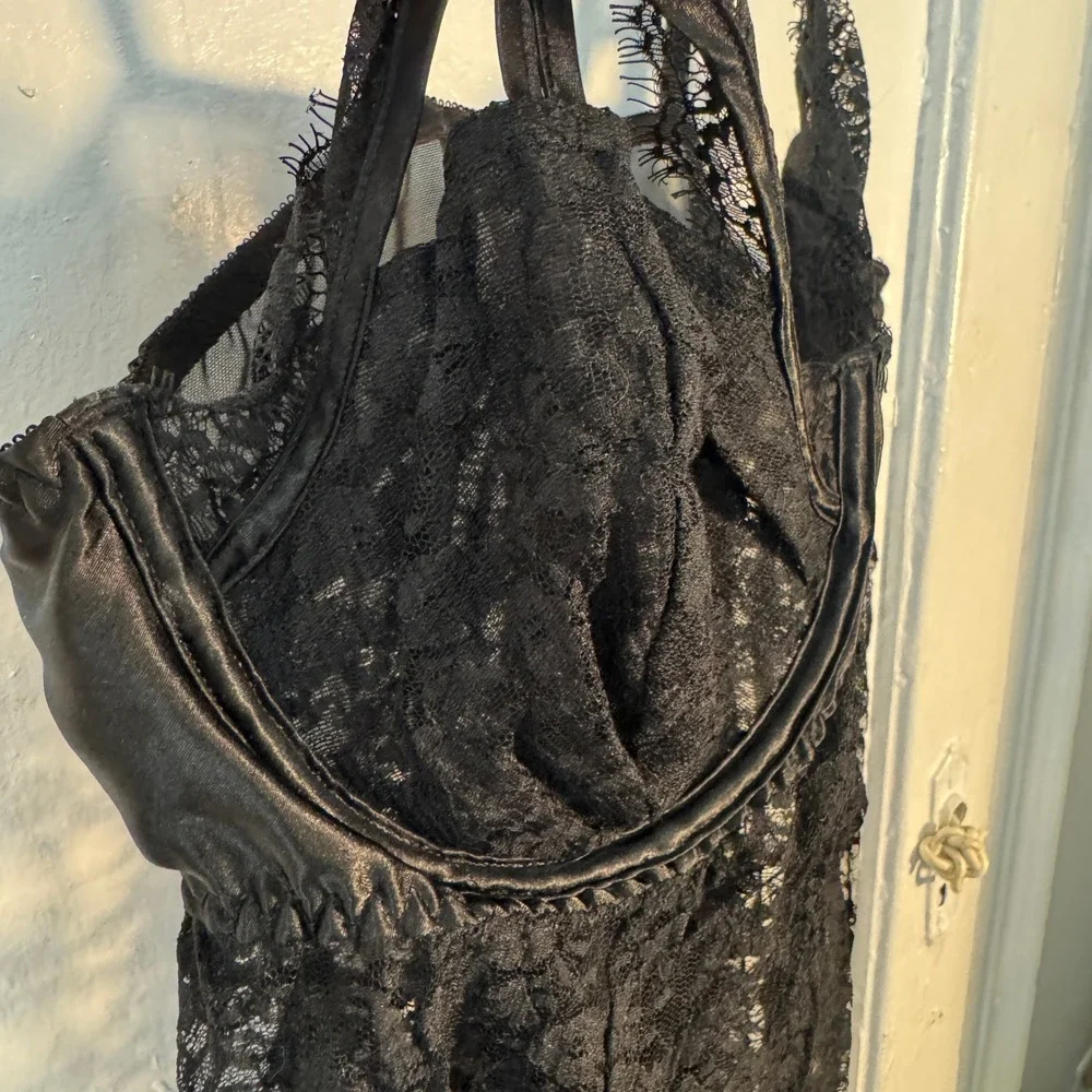 Y2K‎ Black Sheer Mesh Lace Babydoll Cami Lingerie corset vampy Whimsigoth Witchy